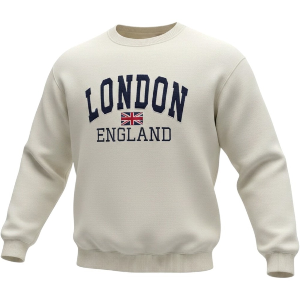 Zone One London England Souvenir Sweatshirt Cream Navy Blue Embroidered Medium